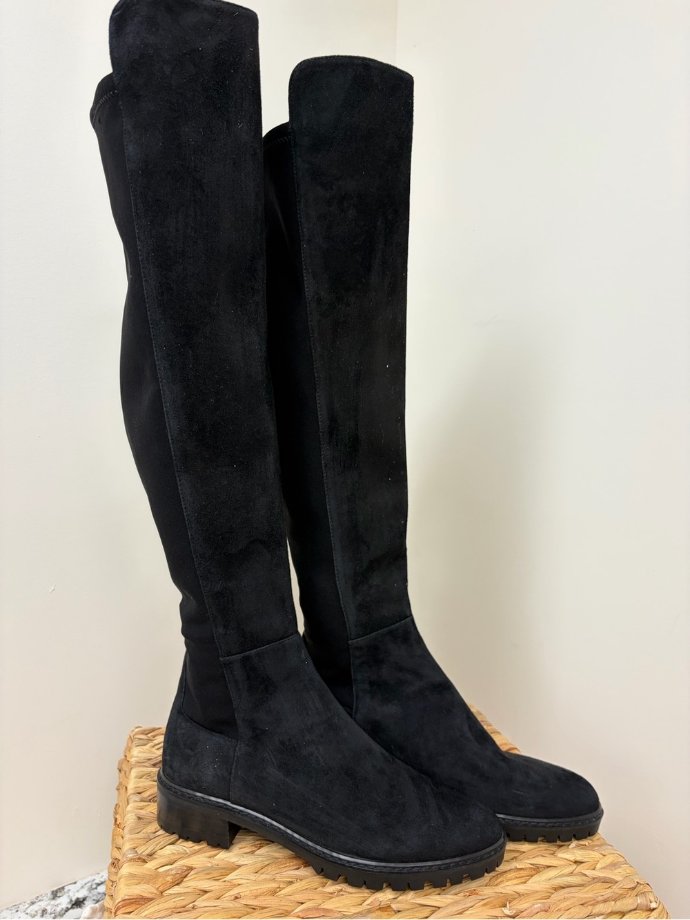 Stuart Weitzman Black Suede Over-the-Knee Lug Sole Boots
